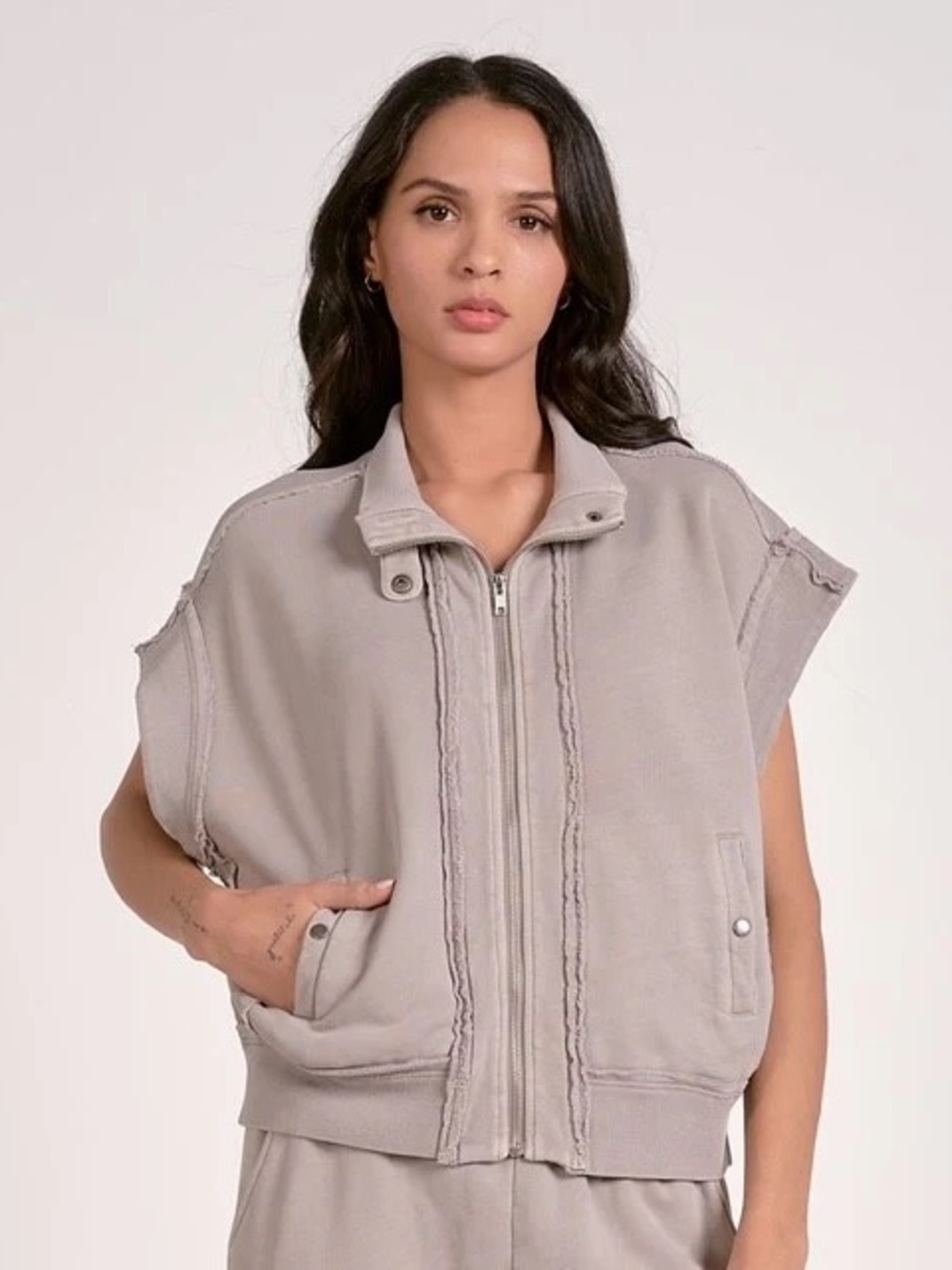 Elan Sleeveless Zip-Front Jacket - Light Taupe - Picture 2 of 9